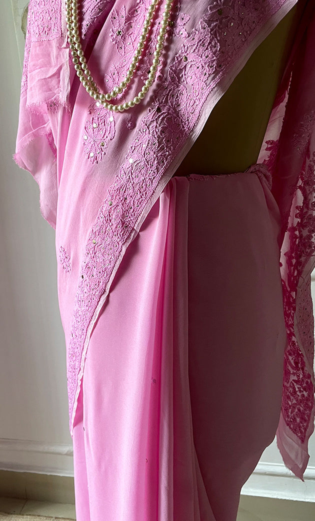 Women's Lakhnavi Handcrafted Viscose Georgette Chikankari Saree - HONC0307136