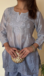 Anika Women's Lucknowi Handcrafted Chanderi Silk Chikankari Top with Farshi Salwar Set .