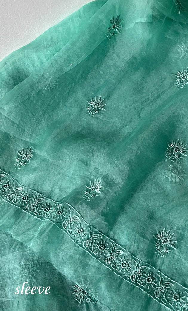 Women's Lakhnavi Handcrafted Pure Organza Chikankari Unstitched Kurta And Dupatta Set- HONC029556