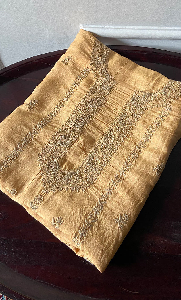 Lucknowi Handcrafted Silk Unstitched Chikankari Unisex Kurta Fabric - HONC0331675