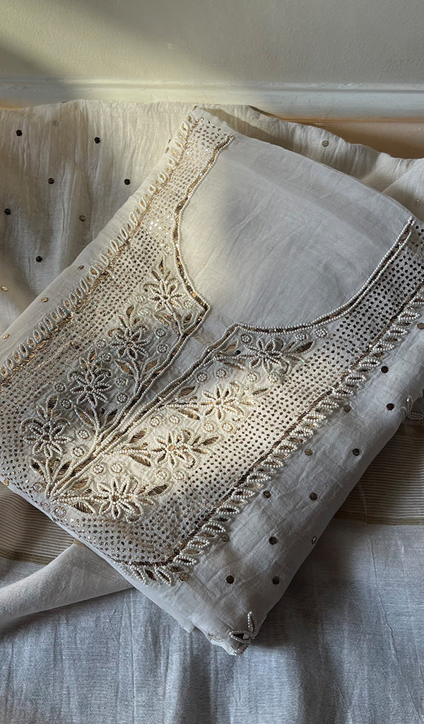 Women's Lakhnavi Handcrafted Mul Chanderi Unstitched Kurta And Dupatta Set - HONC0295188