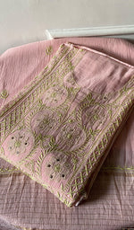 Load image into Gallery viewer, Women's Lakhnavi Handcrafted Maheshwari Mul Chanderi Semi - Stitched Chikankari Full Suit Material - HONC