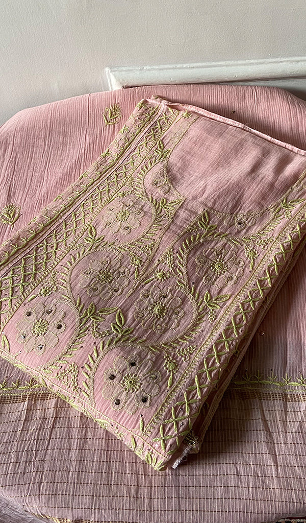 Women's Lakhnavi Handcrafted Maheshwari Mul Chanderi Semi - Stitched Chikankari Full Suit Material - HONC