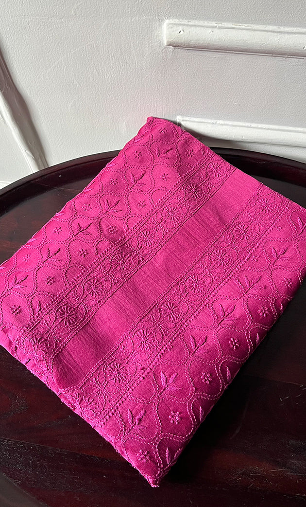 Lucknowi Handcrafted Chanderi Silk Chikankari Unstitched Men's Kurta Fabric - HONC0306348