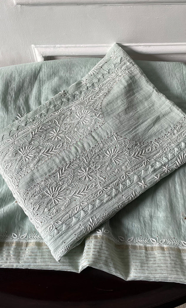 Women's Lakhnavi Handcrafted Mul Chanderi Semi - Stitched Kurta And Dupatta Set - HONC0305164