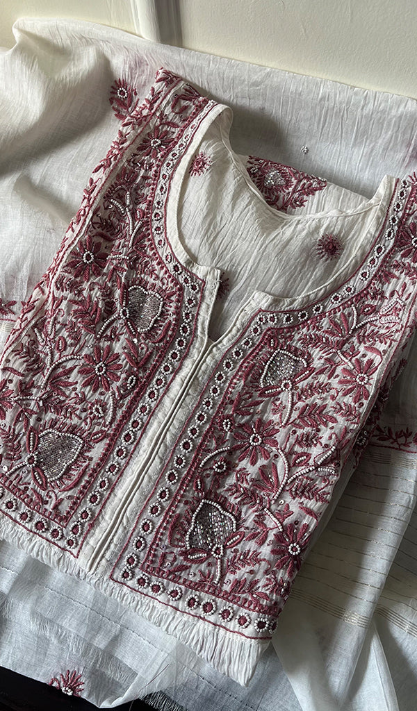 Women's Lakhnavi Handcrafted Mul Chanderi Semi -stitched Kurta And Dupatta Set - HONC0278065
