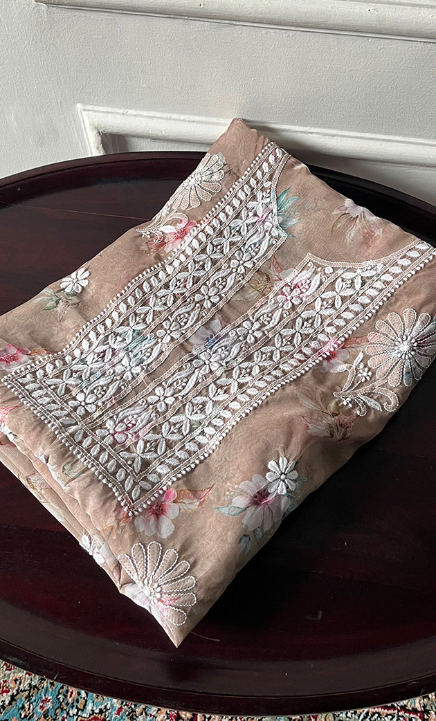 Disha Women's Lakhnavi Handcrafted Organza Chikankari Unstitched Kurti Fabric -  HONC0332146