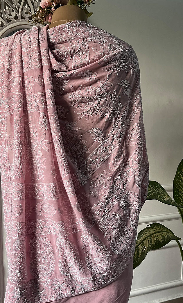 Women's Lakhnavi Handcrafted Pure Silk Georgette Chikankari Saree - HONC0330945