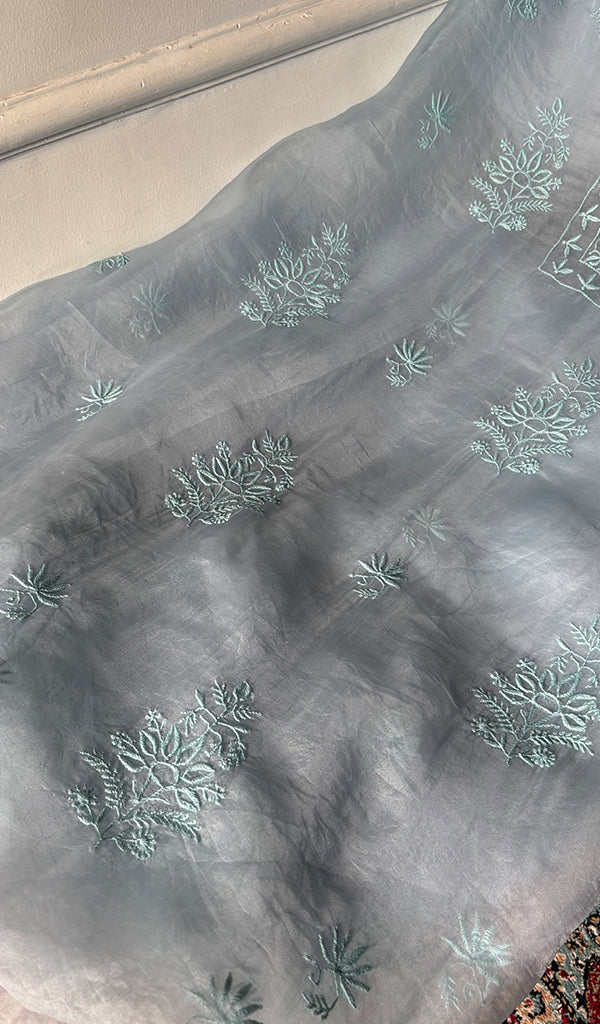 Women's Lakhnavi Handcrafted Pure Organza Silk Chikankari Unstitched Full Suit Material - HONC0365704