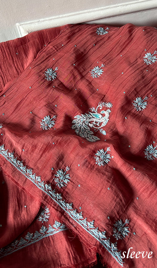 Shirin Women's Lakhnavi Handcrafted Mul Chanderi Unstitched Chikankari Full Suit Material - HONC0339570