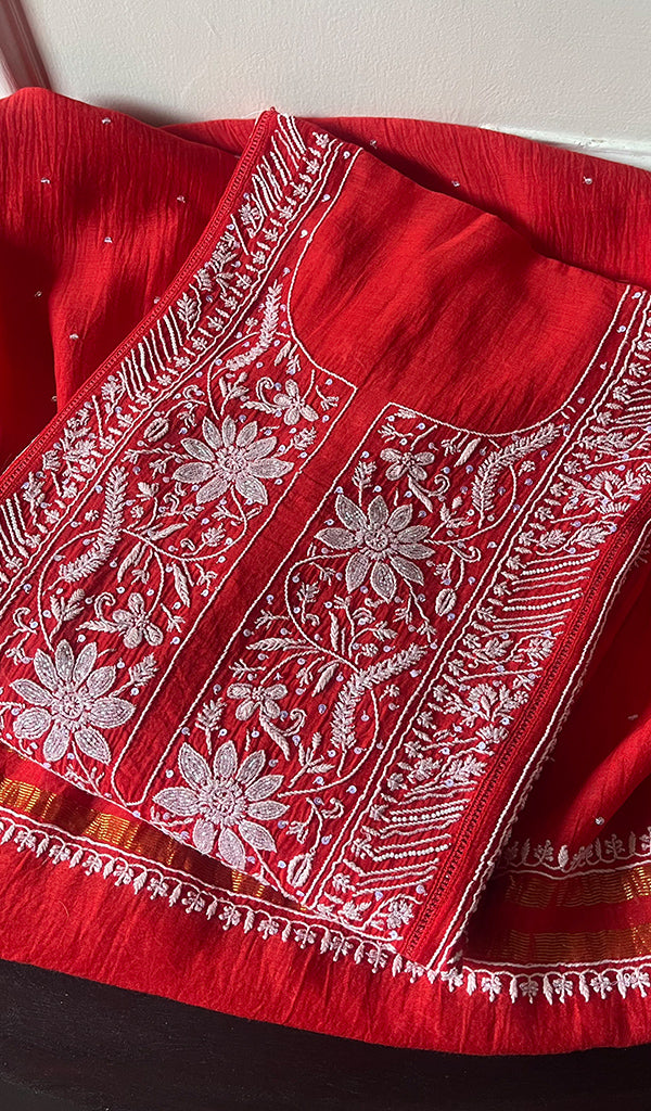 Women's Lakhnavi Handcrafted Mul Chanderi Semi - Stitched Kurta And Dupatta Set - HONC0282239