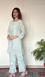 Women's Lucknowi Handcrafted Mul Chanderi Stitched Chikankari Short Kurta And Plazzo Set .
