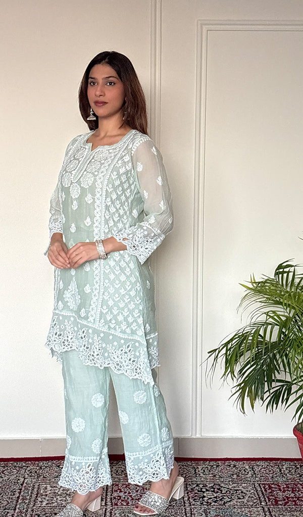 Women's Lucknowi Handcrafted Mul Chanderi Stitched Chikankari Short Kurta And Plazzo Set .