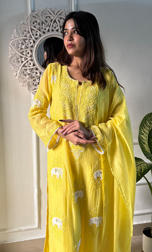 Women's Lakhnavi Handcrafted Mul Chanderi Chikankari Stitched Kurta, Dupatta And Pant Set - HONC0295595