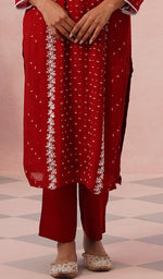 Load image into Gallery viewer, Saziya Women's Lakhnavi Handcrafted Mul Chanderi Chikankari Stitched Kurta, Dupatta And Pant Set - HONC0854621