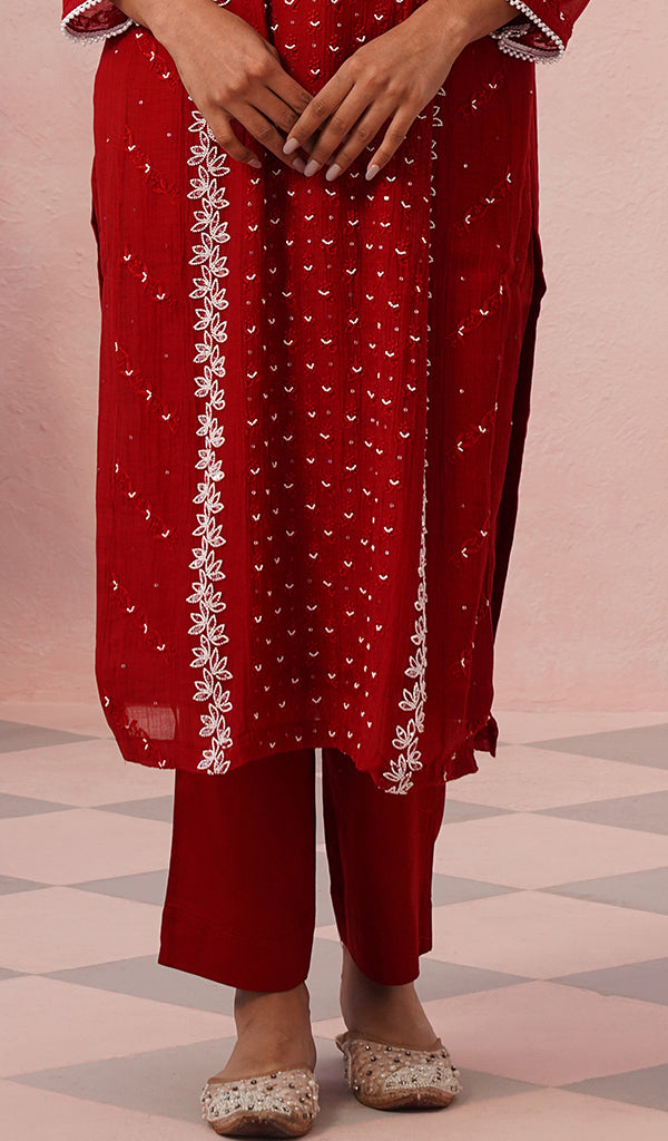 Saziya Women's Lakhnavi Handcrafted Mul Chanderi Chikankari Stitched Kurta, Dupatta And Pant Set - HONC0854621