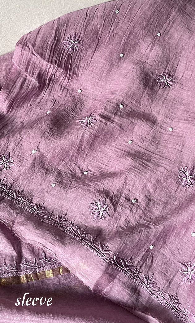 Women's Lakhnavi Handcrafted Mul Chanderi Unstitched Chikankari Full Suit Material - HONC