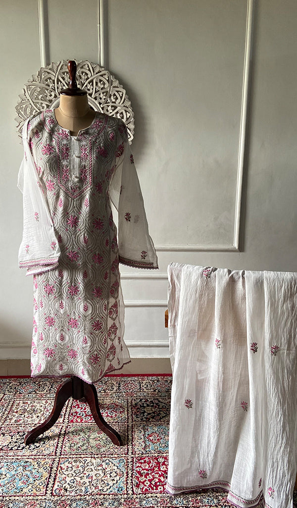 ‹› Women's Lakhnavi Handcrafted Mul Chanderi Semi - Stitched Kurta And Dupatta Set - HONC0365520