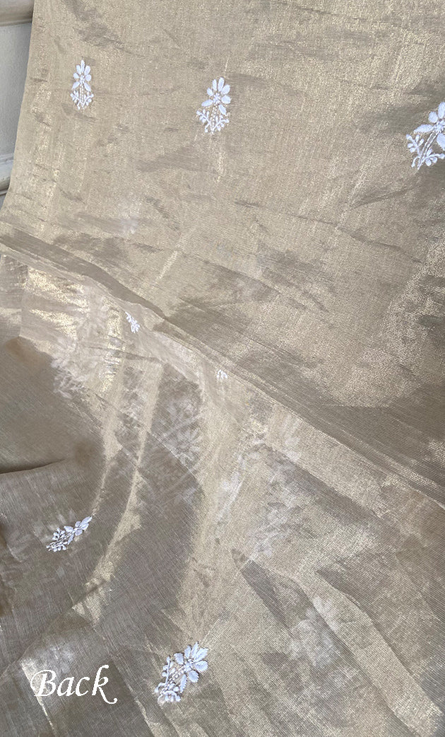 Women's Lakhnavi Handcrafted Tissue Chanderi Unstitched Chikankari Kurta And Dupatta Set - HONC032400