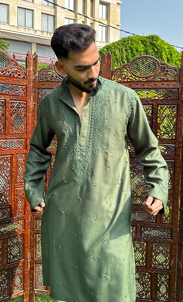 Men's Lucknowi Handcrafted Cotton Chikankari Kurta - HONC0324706
