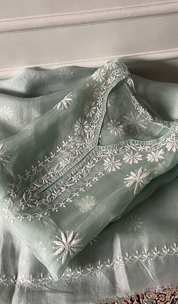 Women's Lakhnavi Handcrafted Pure Organza Chikankari Semi stitched Kurta And Dupatta Set- HONC0348606