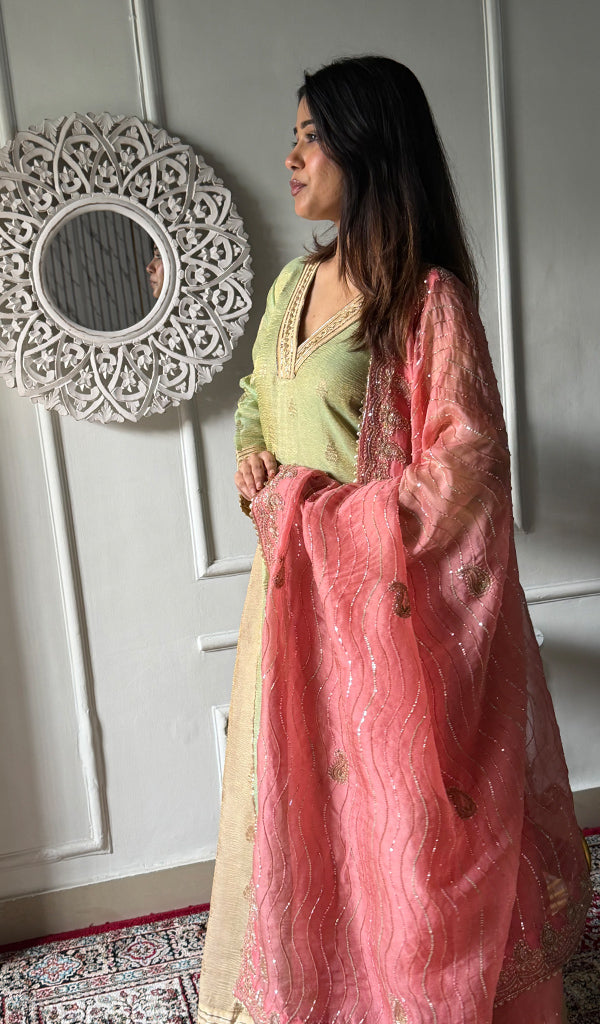 Women's Lakhnavi Handcrafted Tissue Chanderi Silk  Chikankari Stitched Anarkali , Dupatta And Pant Set - HONC0340595