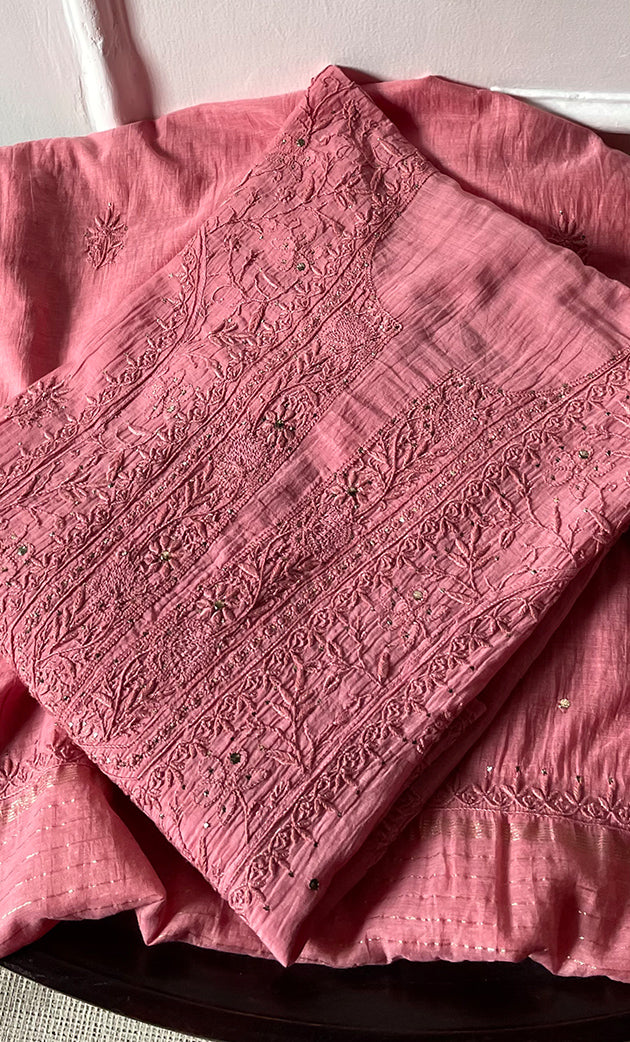 Women's Lakhnavi Handcrafted Mul Chanderi Semi - Stitched Kurta And Dupatta Set - HONC0282422