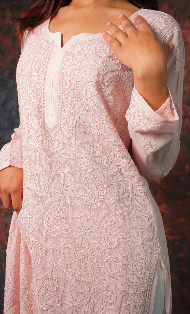 Yusra Women's Lakhnavi Handcrafted Viscose Georgette Chikankari Kurti- HONC0327253