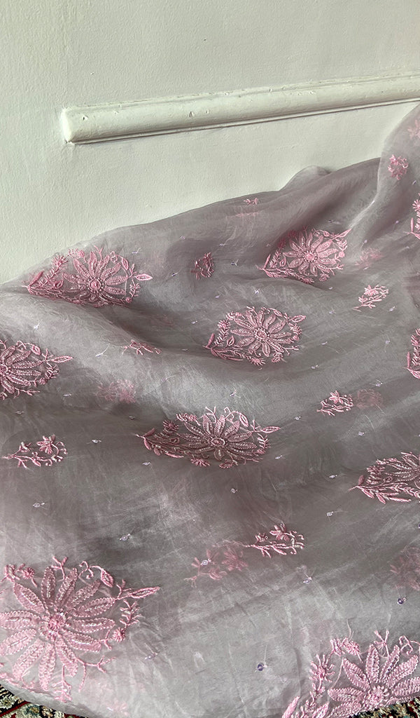 Women's Lakhnavi Handcrafted Pure Organza Chikankari Unstitched Kurta And Dupatta Set- HONC0361460