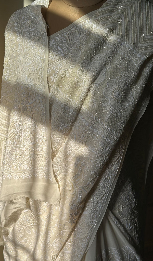 Women's Lakhnavi Handcrafted Pure Silk Georgette Chikankari - HONC0232425