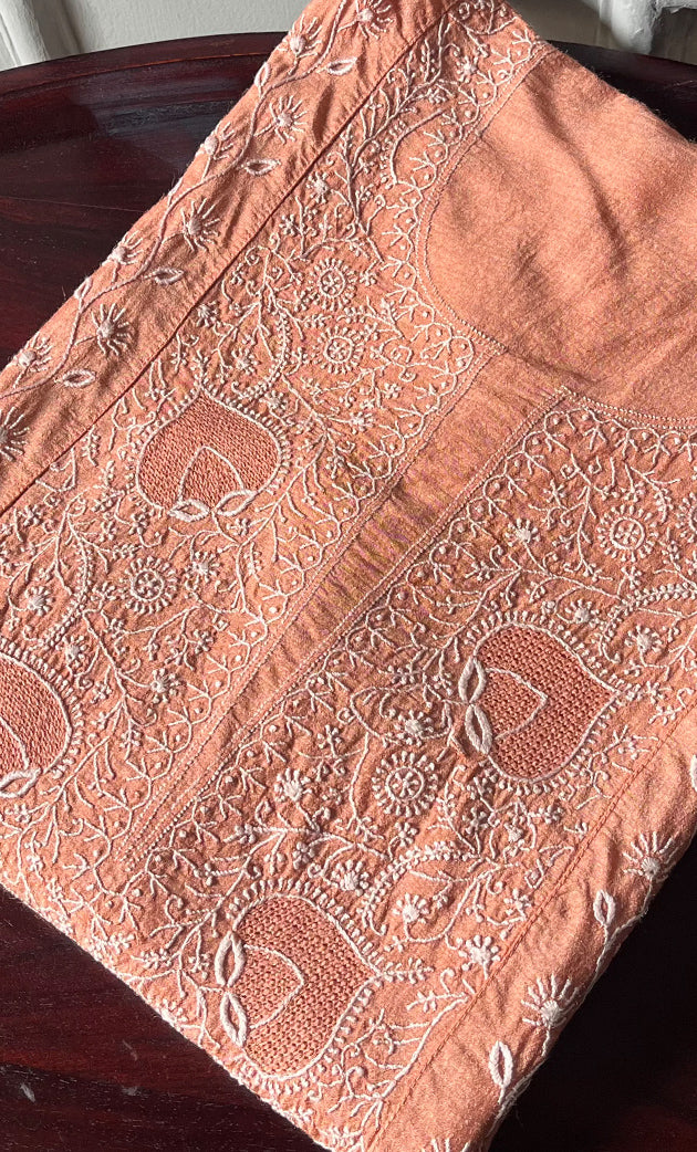 Women's Lakhnavi Handcrafted Munga Silk Chikankari Unstitched Kurti Fabric - HONC0270476