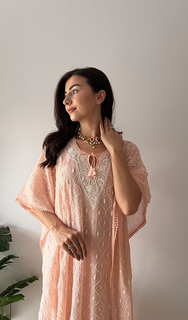 Women's Lucknowi Handcrafted Mul chanderi Chikankari Kaftan - HONC0361360
