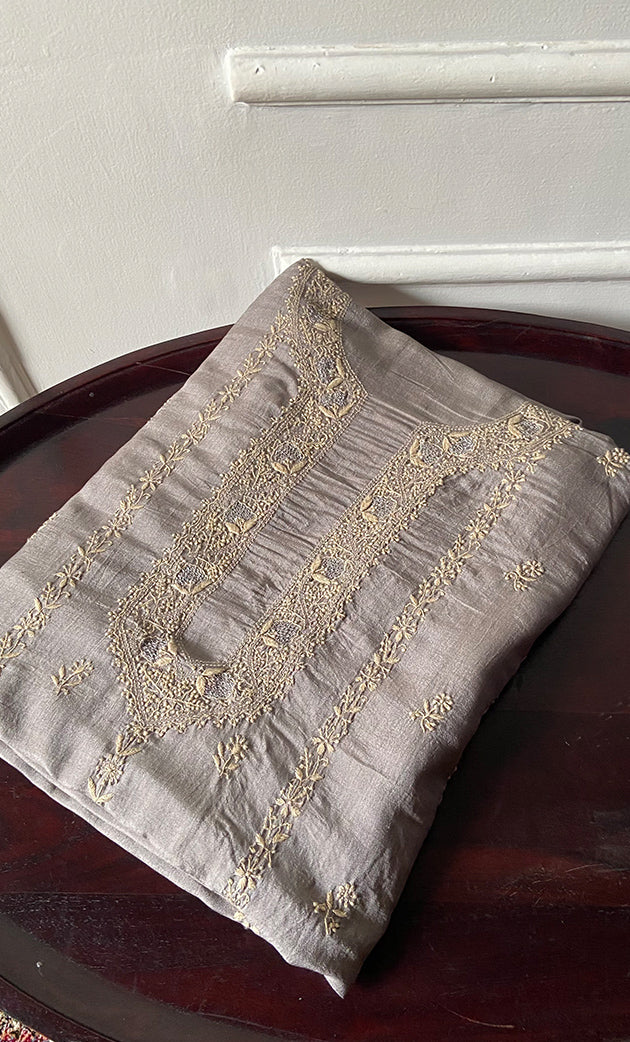 Lucknowi Handcrafted Munga Silk Unstitched Chikankari Unisex Kurta Fabric - HONC0331674