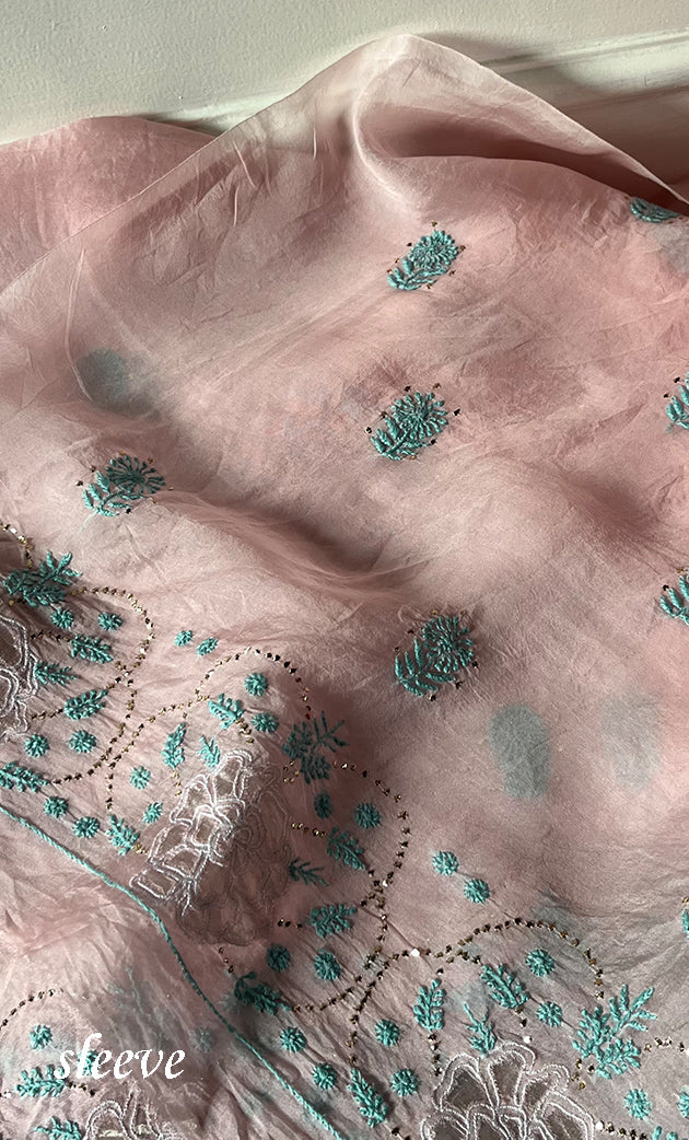 Mainaaj Women's Lakhnavi Handcrafted Pure Organza Chikankari Unstitched Kurta And Dupatta Set- HONC0330937