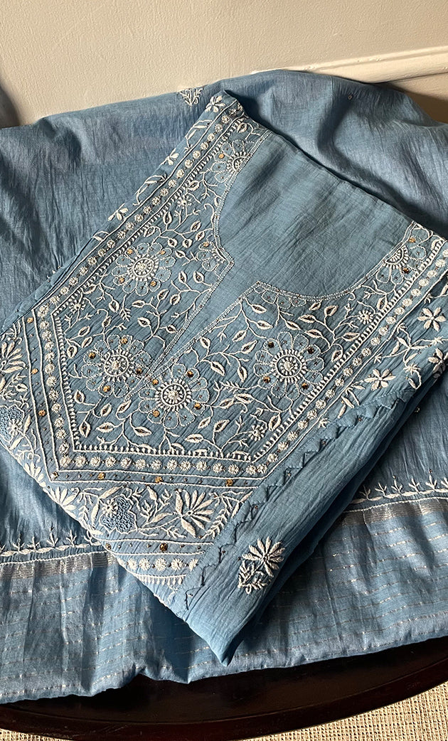 Women's Lakhnavi Handcrafted Mul Chanderi Semi - stitched Kurta And Dupatta Set- HONC0282423