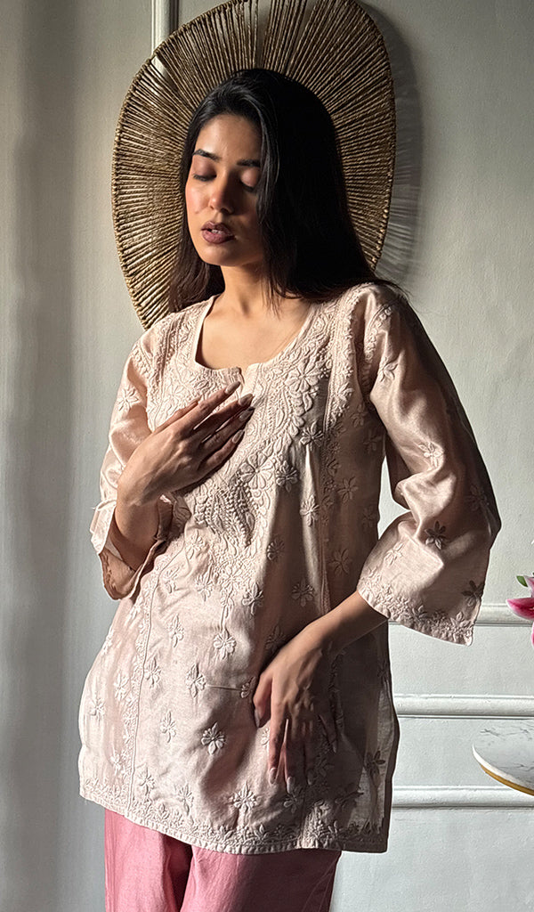 Imara Women's Lakhnavi Handcrafted Chanderi Silk Chikankari Top And Pant Set - HONC0340439