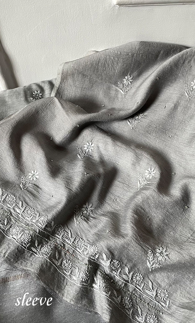 Women's Lakhnavi Handcrafted Unstitched Munga Silk Chikankari Kurta And Dupatta Set- HONC0285381