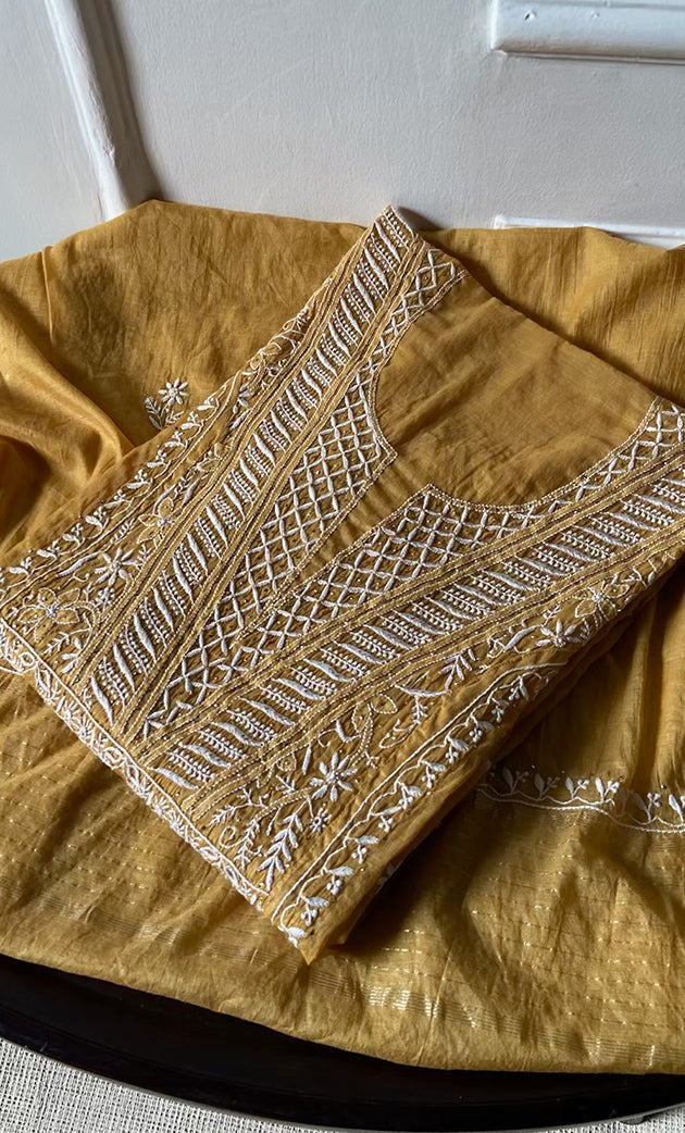 Women's Lakhnavi Handcrafted Mul Chanderi Semi - stitched Kurta And Dupatta Set- HONC0284742