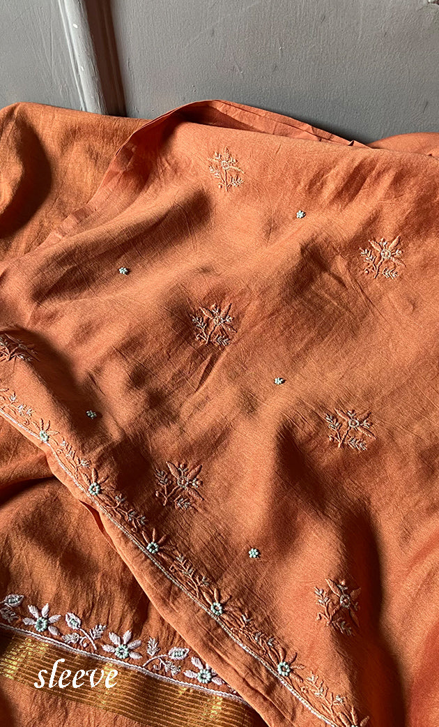 Women's Lucknowi Handcrafted Chanderi Silk Unstitched Chikankari Full Suit Material - HONC018789