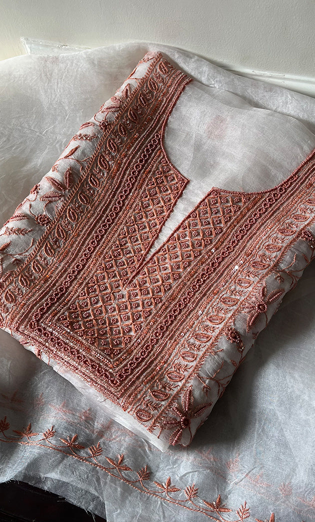 Women's Lakhnavi Handcrafted Pure Organza Chikankari Unstitched Kurta And Dupatta Set- HONC0271902