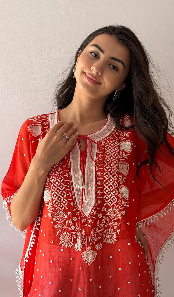 Pragya Women's Lucknowi Handcrafted Mul chanderi Chikankari Kaftan - HONC0459878