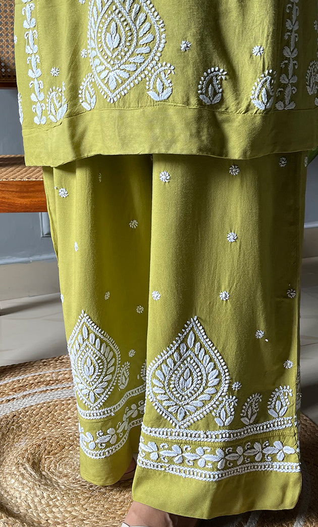 Women's Lakhnavi Handcrafted Modal Cotton Chikankari Kurta And Pant Set - HONC0300580