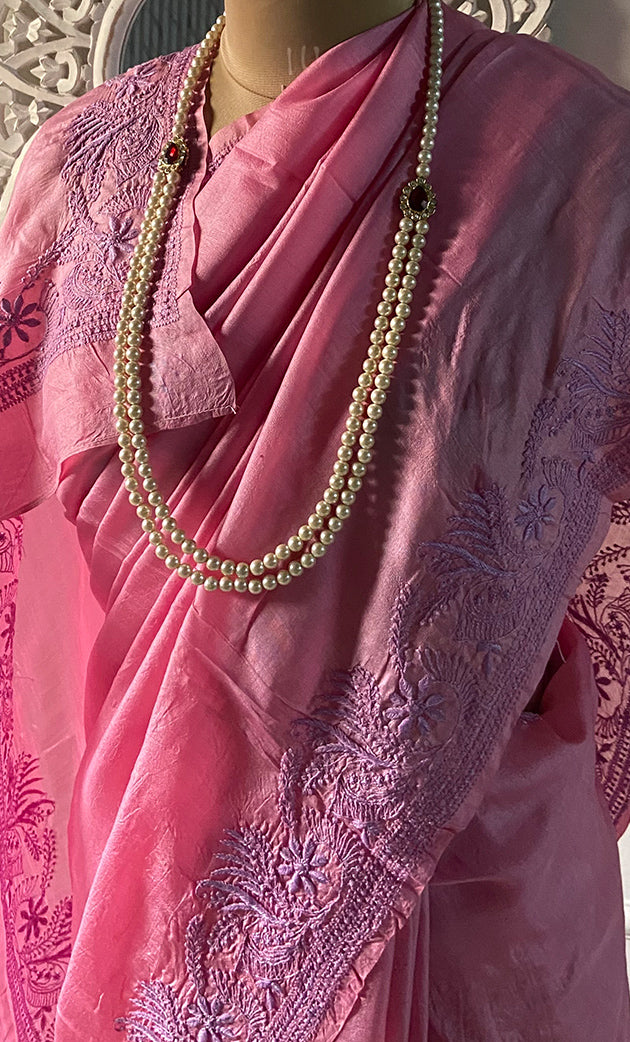 Women's Lakhnavi Handcrafted Tussar Silk Chikankari Saree - HONC0284160