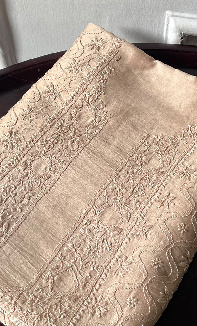 Lucknowi Handcrafted Chanderi Silk Chikankari Unstitched Men's Kurta Fabric - HONC0306347