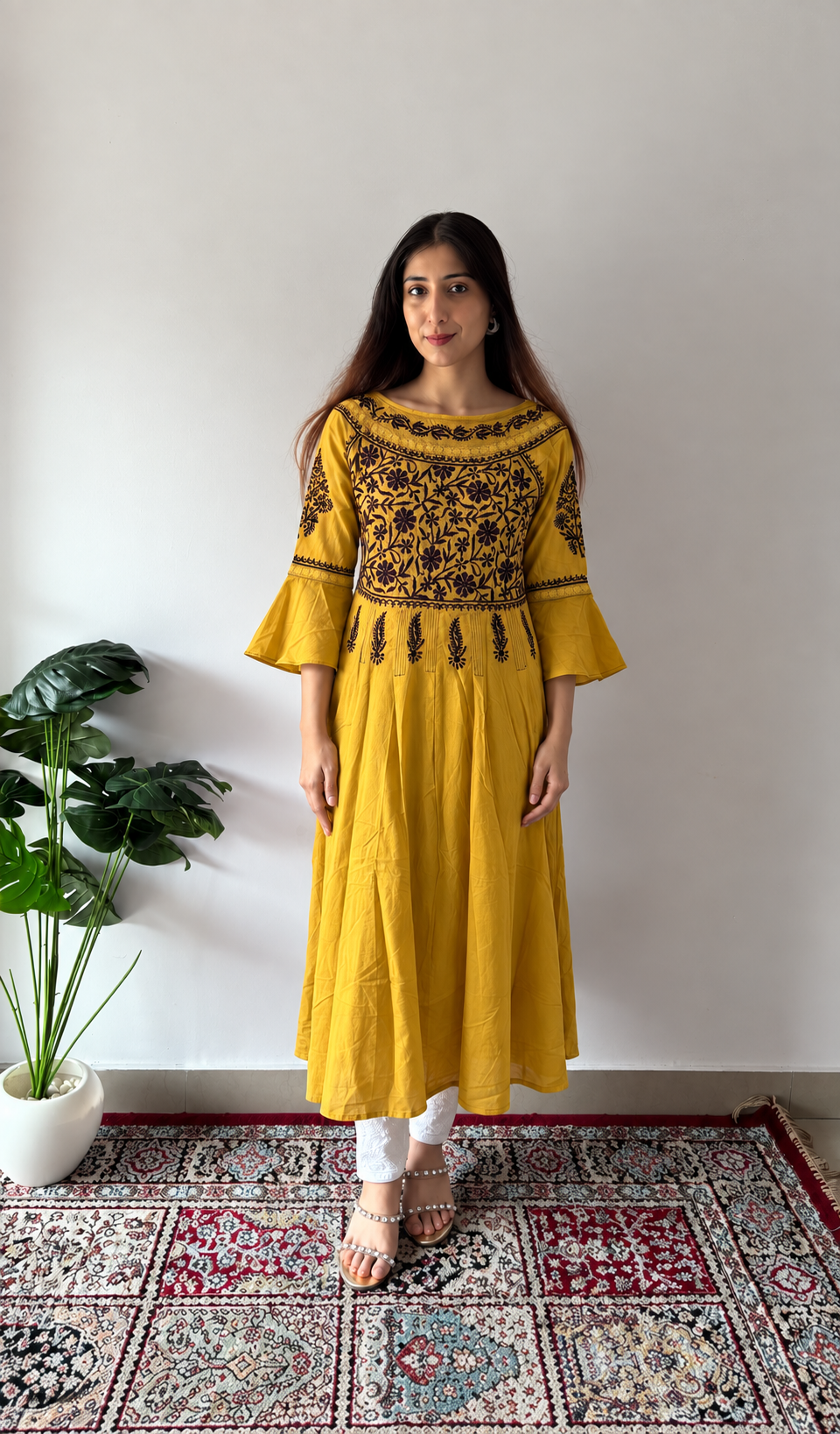 Women's Lucknowi Handcrafted Cotton Chikankari Long Dress - HONC0340007
