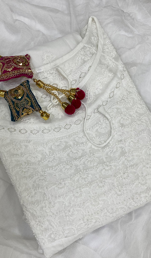Lakhnavi 手工制作纯棉 Chikankari A 字连衣裙 - HONC097844