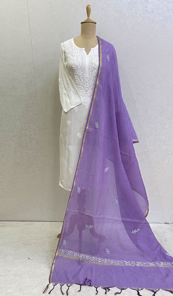 Women's Lakhnavi Handcrafted Chanderi Silk Chikankari Dupatta - Honc0108746