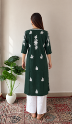 Women's Lucknowi Handcrafted Dark Green Linen Cotton Chikankari Kurti - HONC011149