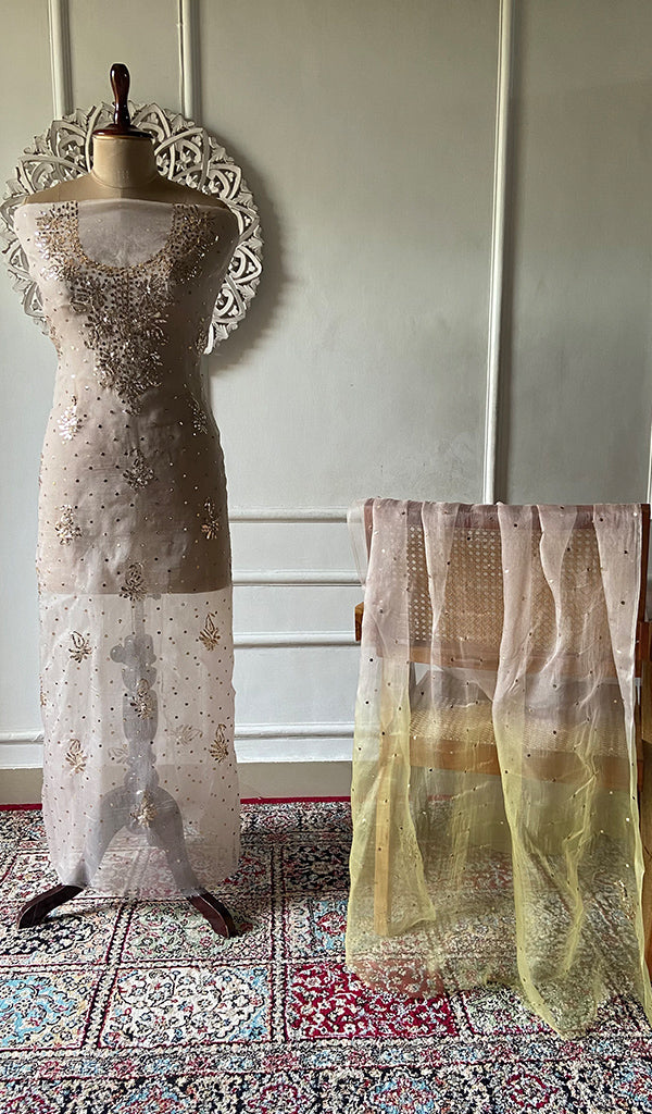 Women's Lakhnavi Handcrafted Pure Organza Chikankari Unstitched Kurta And Dupatta Set- HONC0362254