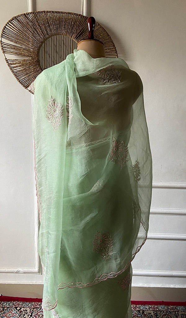 Women's Lucknowi Handcrafted Pure Organza Silk Chikankari Saree - HONC0356072
